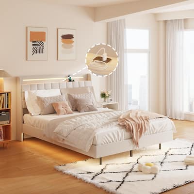 Full Floating Bed Frame with LED Light and Charging Station Upholstered Platform Bed Frame with Headboard and Hidden Storage