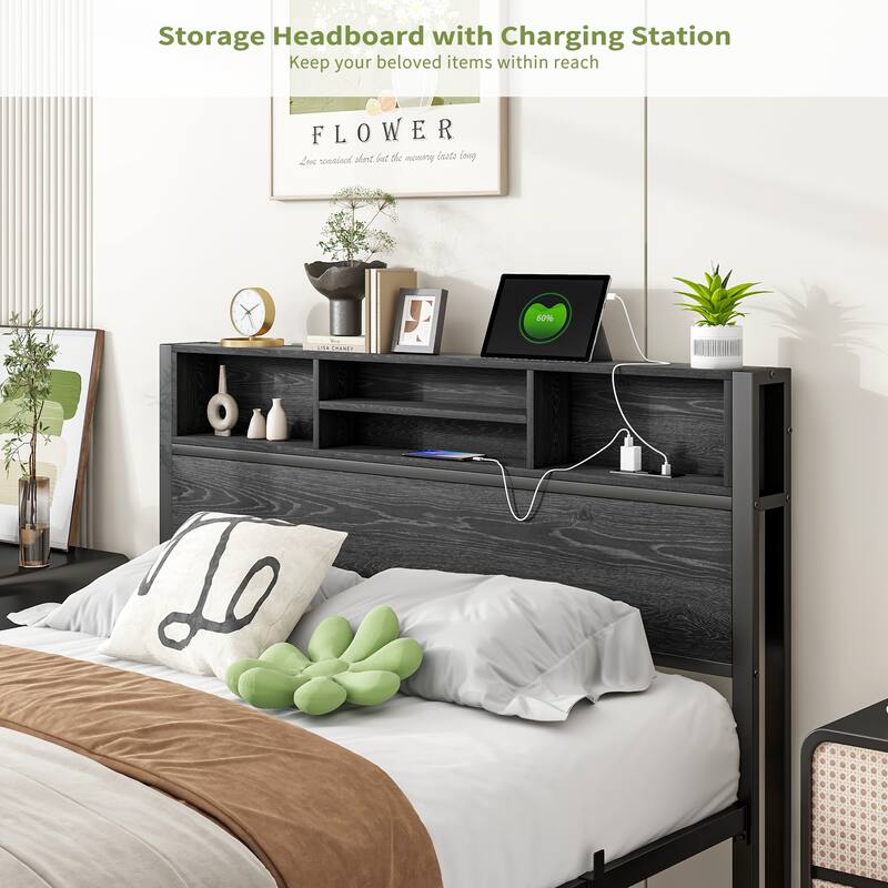 Full Size Bed Frame with Storage Headboard, Charging Station, No Box Spring Needed, Easy Assembly