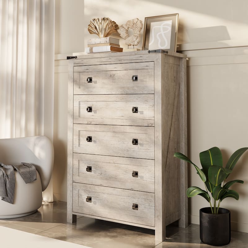 48" Tall Farmhouse 5 Drawer Wood Dresser, Chest of Drawers for Bedroom - Light Rustic Oak