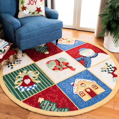 SAFAVIEH Handmade Chelsea Asha Novelty Christmas Wool Rug - White/Multi - 5'6" Round