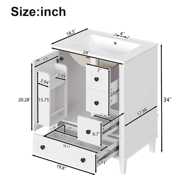24" Bathroom Vanity with Integrated Ceramic Basin - Soft-Close Drawers, Door-Mounted Shelf