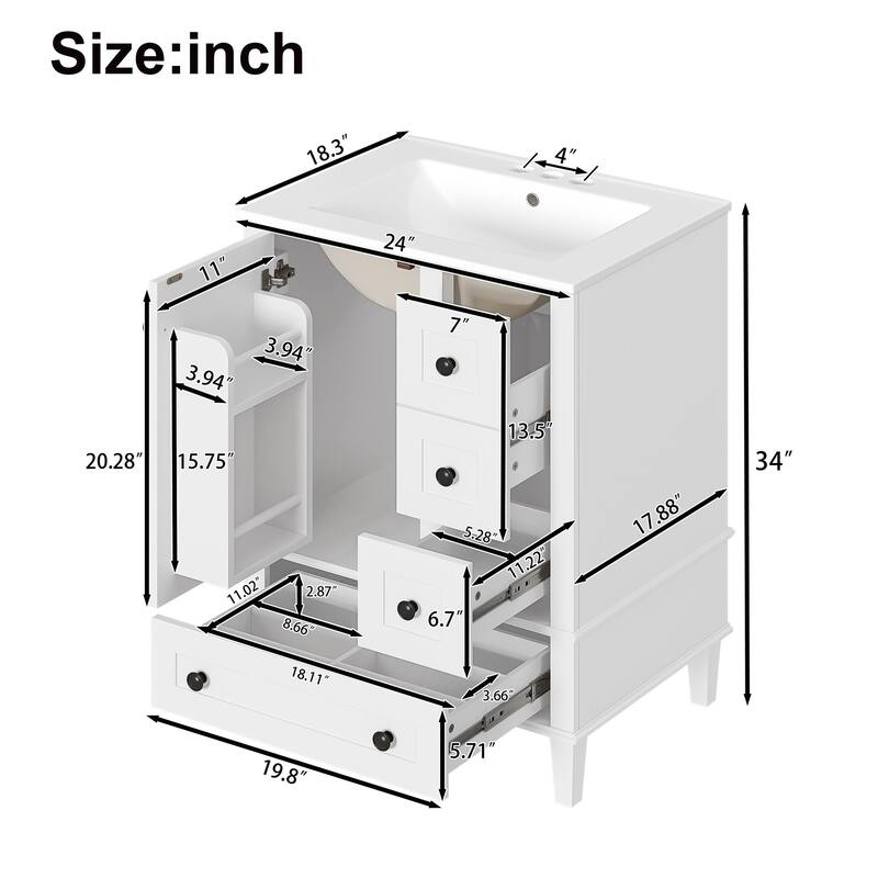 24-Inch Bathroom Vanity With An Integrated Ceramic Basin, Featuring A Door-Mounted Double-Layer Shelf, Soft-Close Drawers