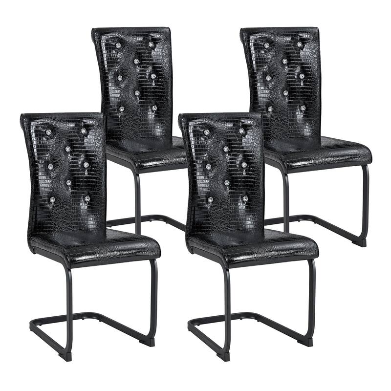 Set of 4, Retro Faux Alligator Skin Upholstered Dining Chairs, with Crystal Buckle Design and Faux Leather Design