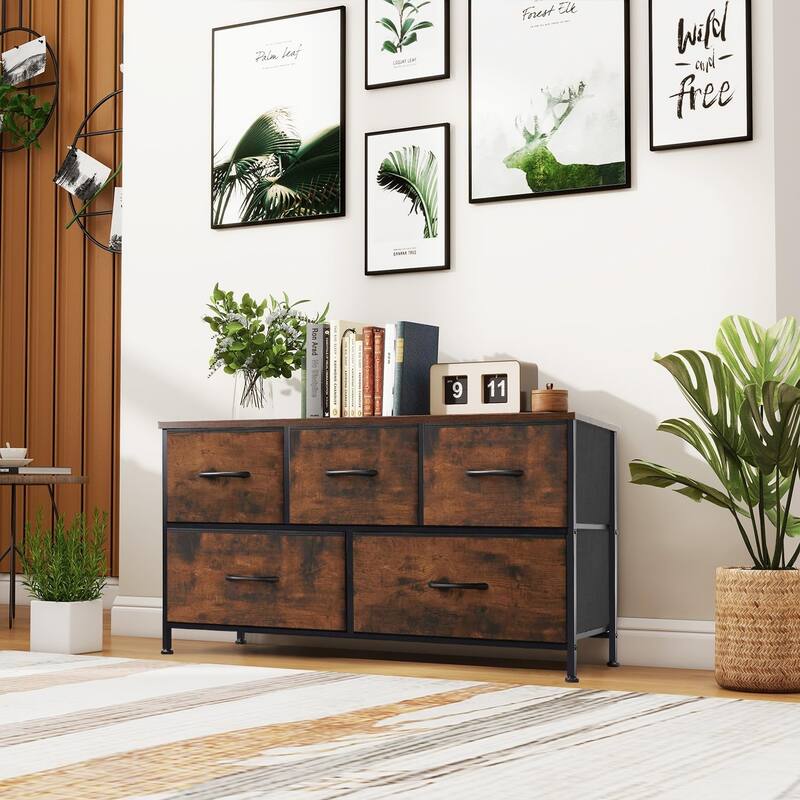 Dresser for Bedroom, Chests of Drawers, Storage Organizer with 5 Drawers, Sturdy Metal Frame, Wood Tabletop - Brown