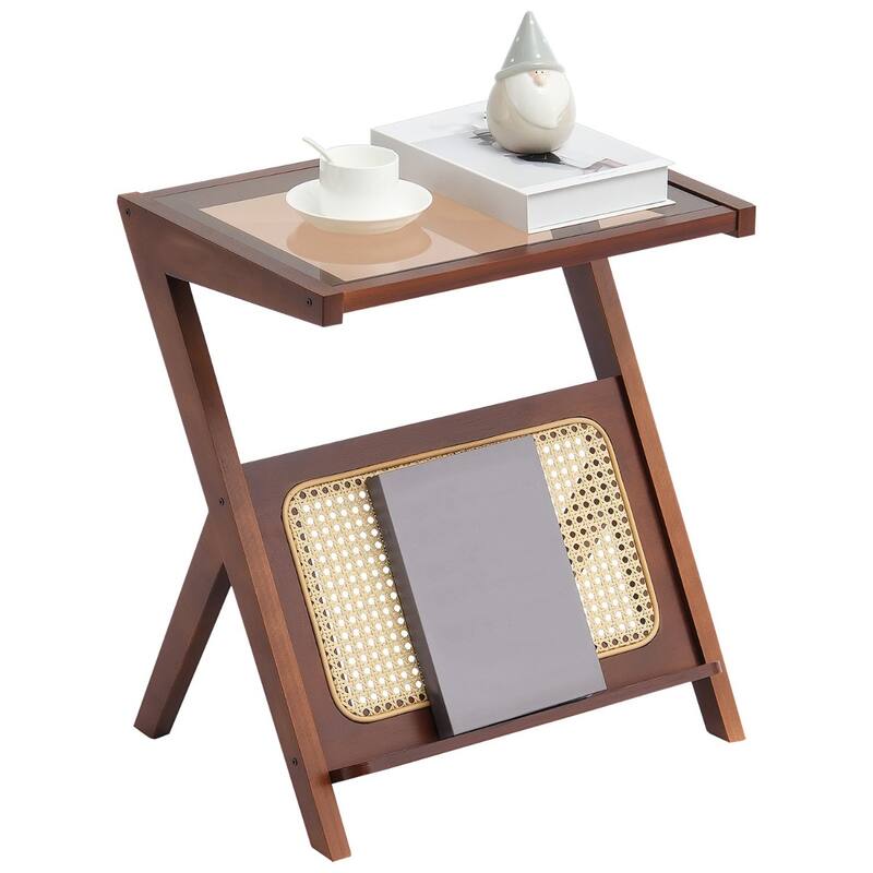 Walnut Wicker Z-Shaped Rattan Woven End Table with Removable Glass Top Suitable for Any Room - 19.7” x 14.4” x 22”