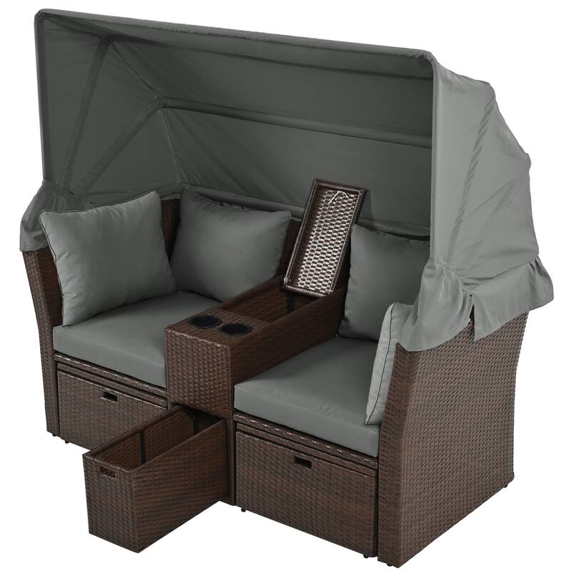Outdoor Convertible Daybed Loveseat Sofa Set with Canopy & Console