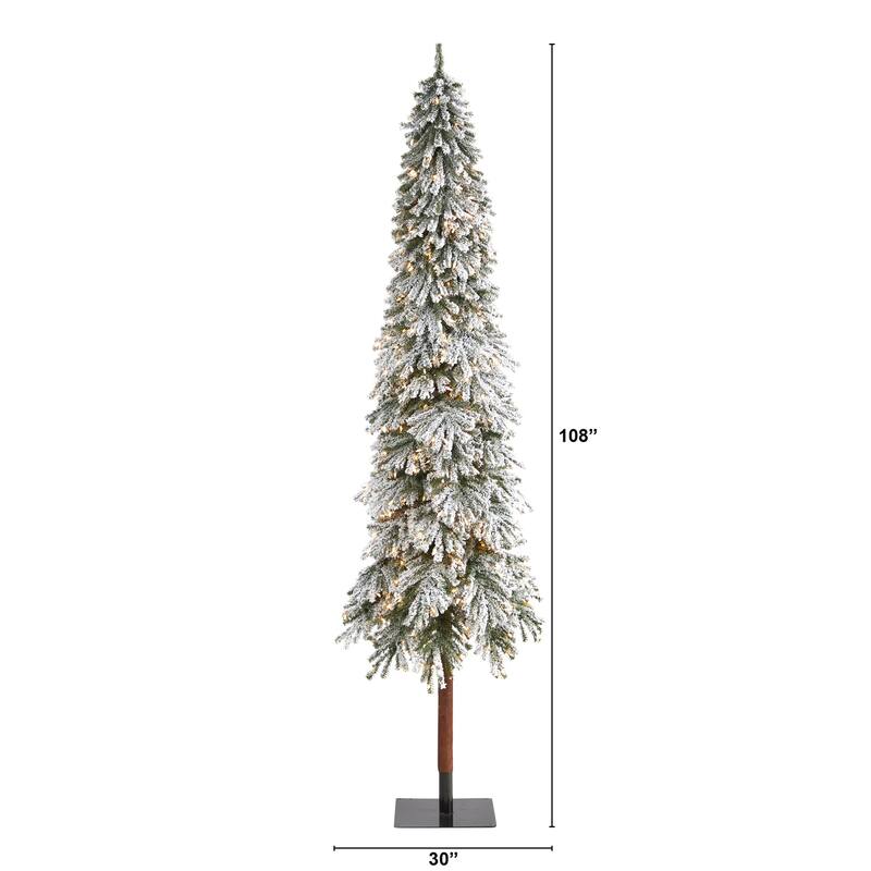 9ft Flocked Christmas Tree with Lights - Artificial Alpine Tree, Holiday Decor - Green - 108