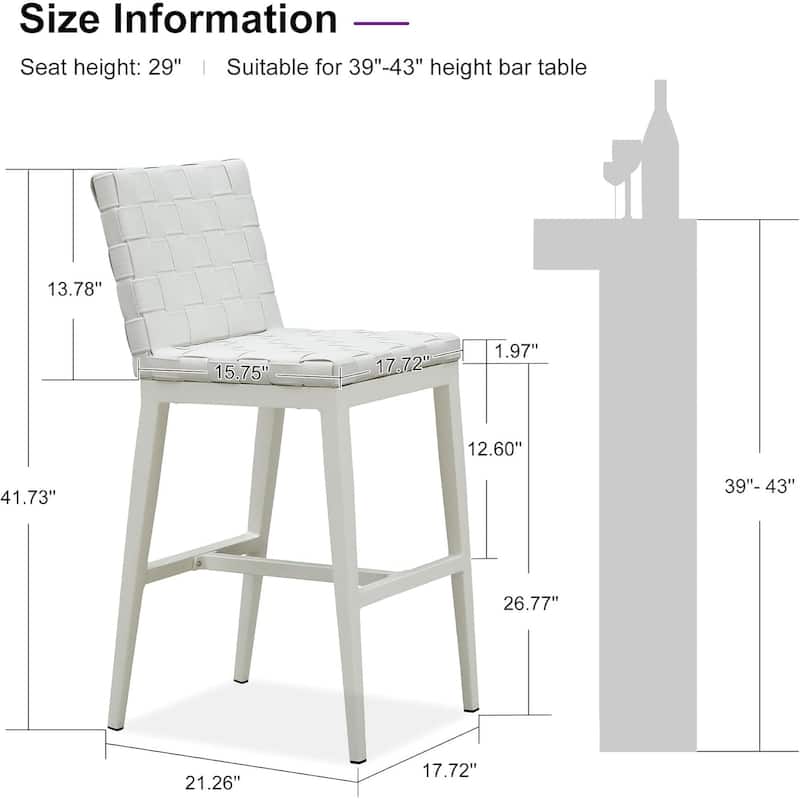 PURPLE LEAF Outdoor Counter Height Bar Stools Set of 2, PU Leather Patio Bar Set with Aluminum Frame - N/A