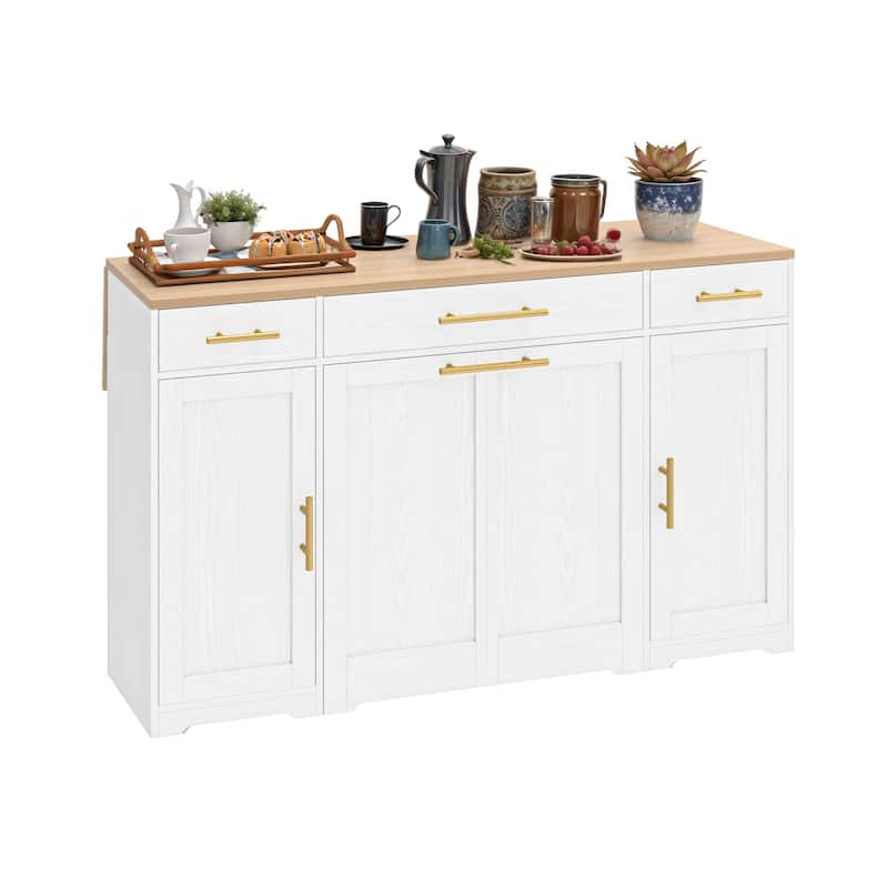 Moasis 55 inch Rolling Kitchen Island with Drop Leaf and Pull Out Garbage Bin Cabinet fits