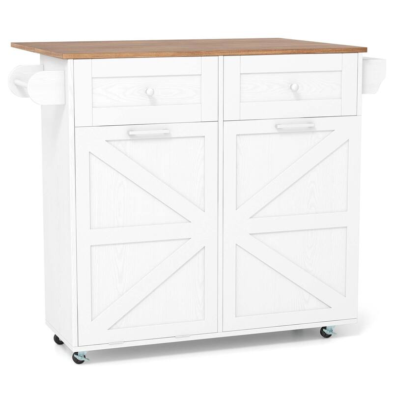 Rolling Kitchen Island with Drop Leaf & Tilt Out Trash Can Cabinet - White