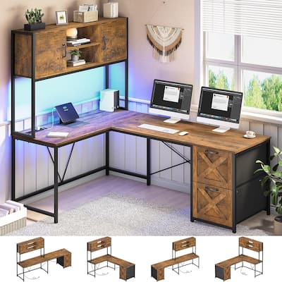 L Shaped Computer Desk with Drawers Corner Gaming Desk storage shelves