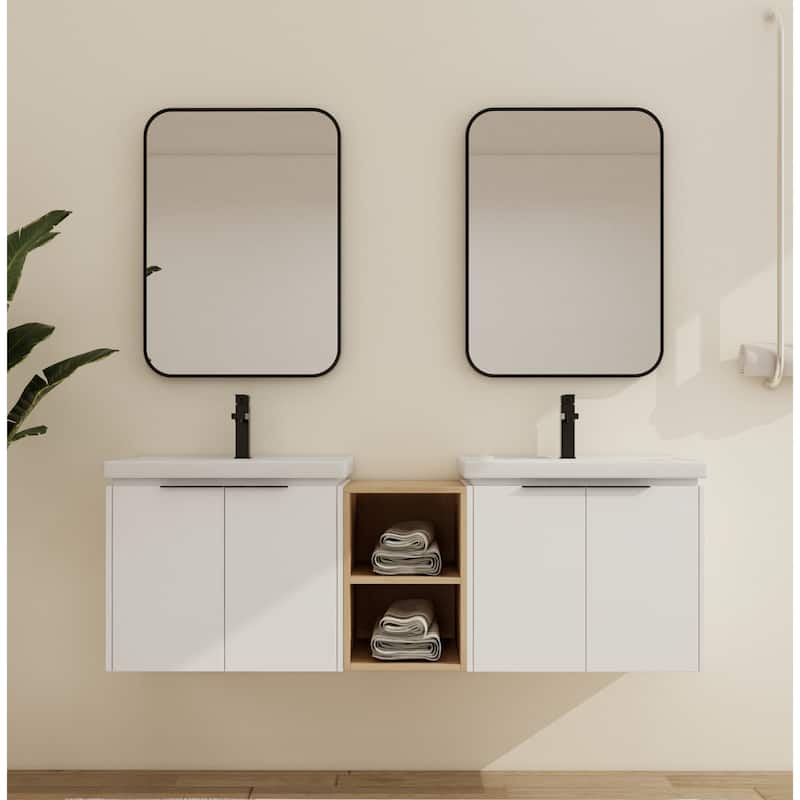 Malwee 24"/36"/48"/60" Floating Bathroom Vanity, Wall Mounted Bathroom Vanity with Ceramic Sink,Soft Close Door and Shelf - 59.6"×18.5"×20.7"