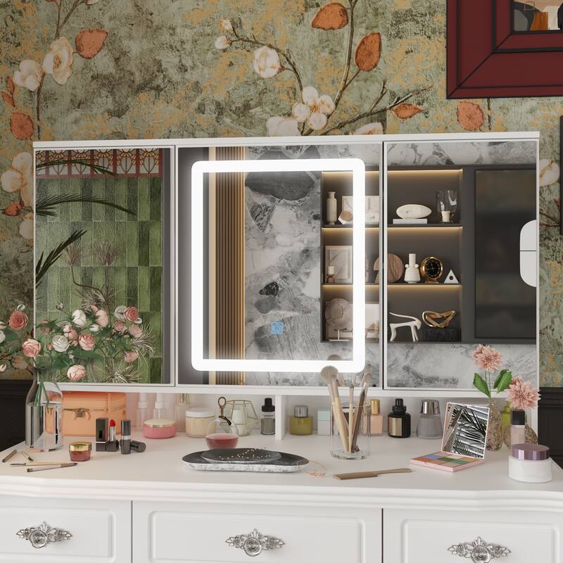 White Makeup Vanity Desk with LED Mirror, 9-Drawer Vanity Table with Storage Cabinets for Bedroom