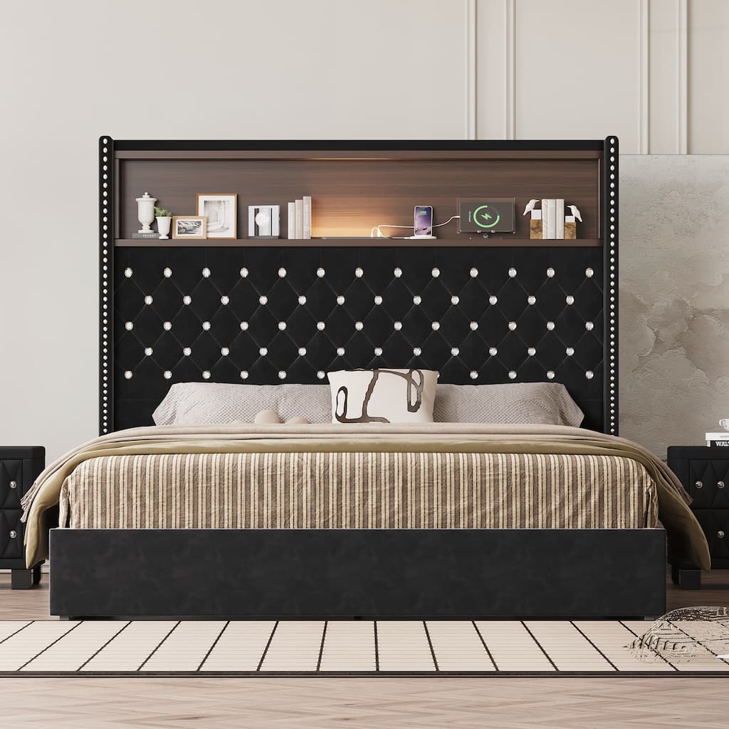 Queen Size Tufted Soft Bed Frame with USB Port and Night Light