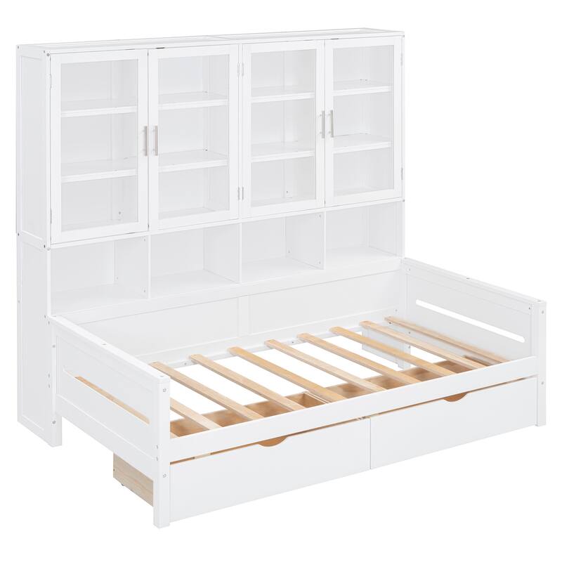 Twin Size Wooden Daybed with Glass-Door Storage Cabinets, Built-in LED Lighting and Shelves Bedrooms Compact Daybed