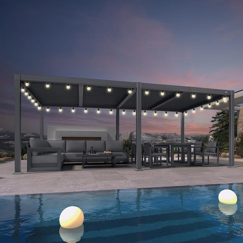 PURPLE LEAF Grey Louvered Sun Shade Pergola - Adjustable Metal Roof for Patio Hardtop Pergola - 10' x 20' - Grey(With Light)