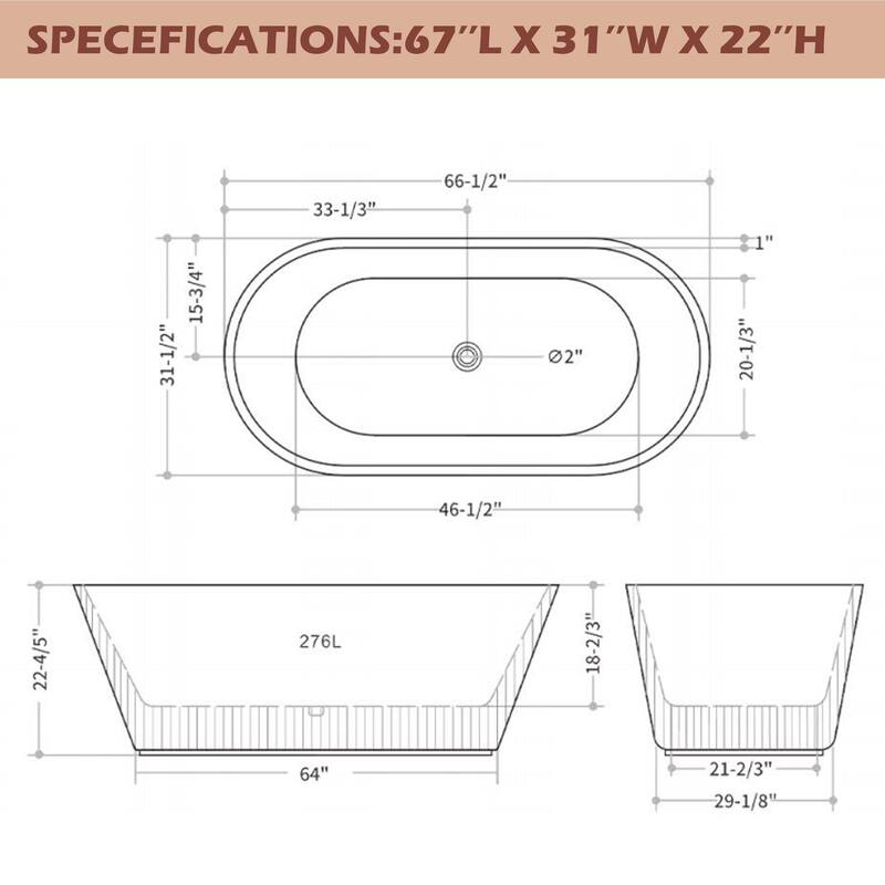 CB HOME 59"/67" Acrylic Freestanding Bathtub, Modern Deep Soaking Spa Bathtubs with Solid Surface