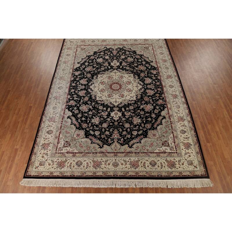 Black Aubusson Chinese Vintage Large Rug Hand-Knotted Wool Carpet - 10'3" x 14'1"