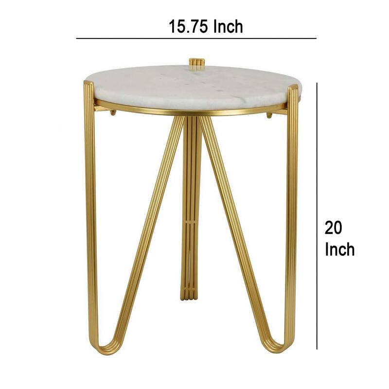 Glam Plant Stand Table, White Marble, Gold Metal Texture Legs, 20 Inch