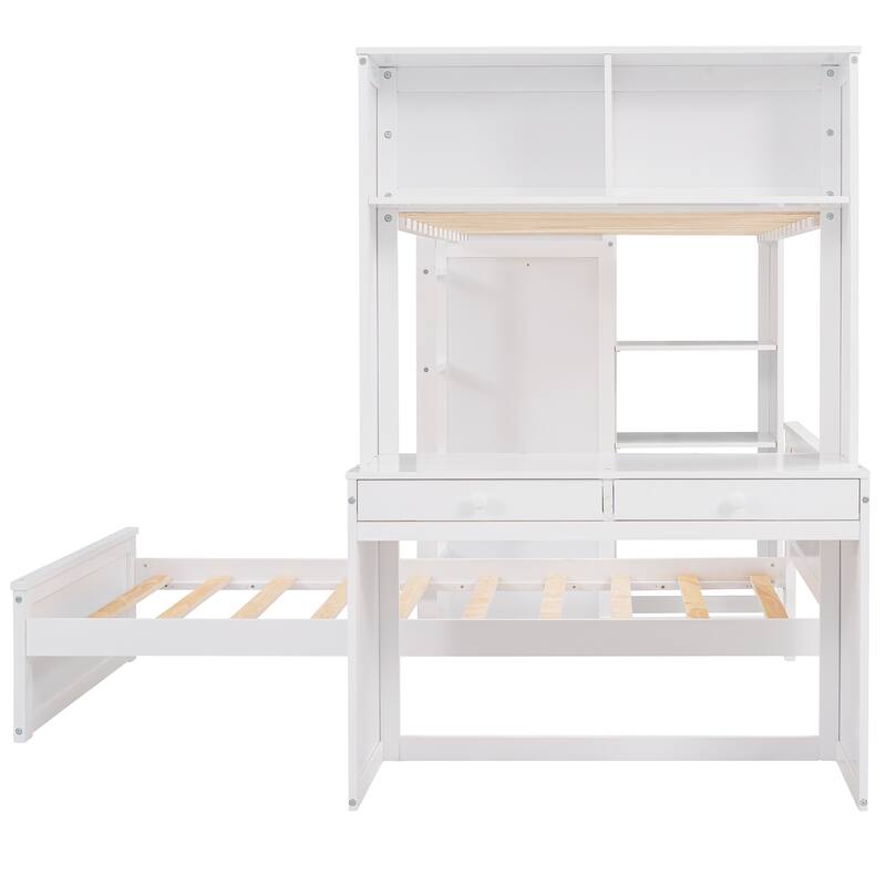 Space-Saving Twin Loft Bed with Desk, Shelves, Wardrobe, and Additional Bed