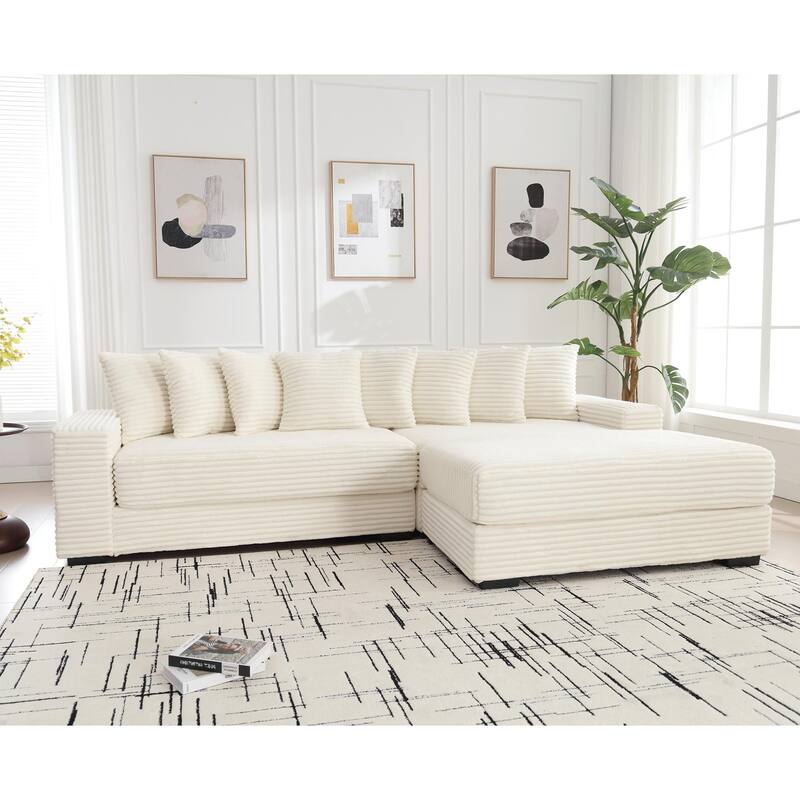 L Shaped Sectional Sleeper Sofa Corduroy Corner Sofa with Chaise Lounge and 8 Throw Pillows, Oversized Modular Daybed
