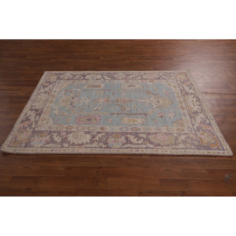 Light Blue Oushak Vegetable Dye Area Rug Hand-Knotted Wool Carpet - 4'1"x 5'9"