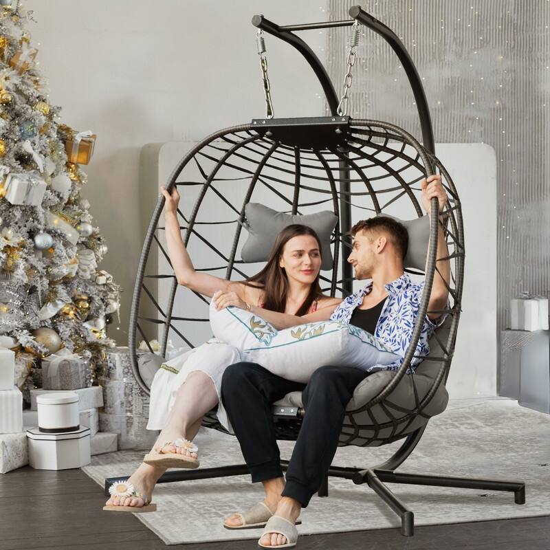 FINCATI Indoor Double Egg Chair, 700 lbs Extra-large 2 Person Double Egg Chair, Cozy Swing Chair, Oversized Hanging Egg Chair - Light Grey/Grey