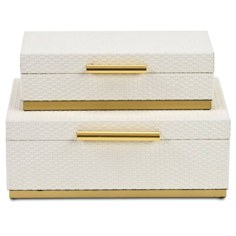 Tamsin Set of 2 Rectangular Decorative Storage Boxes - Wicker Weave Pattern with Gold Hardware
