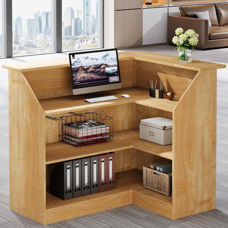 Reception Desk with Storage Shelves, L-Shaped Modern Front Desk