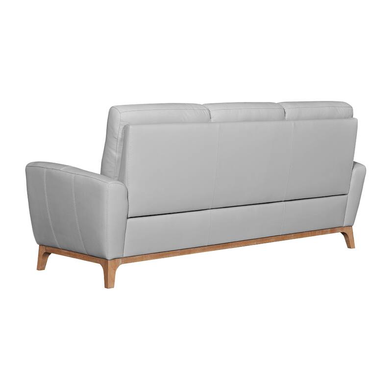 Reysa Sofa, Soft Dove Gray Leather Cushions, Brown Wood, 83 Inch