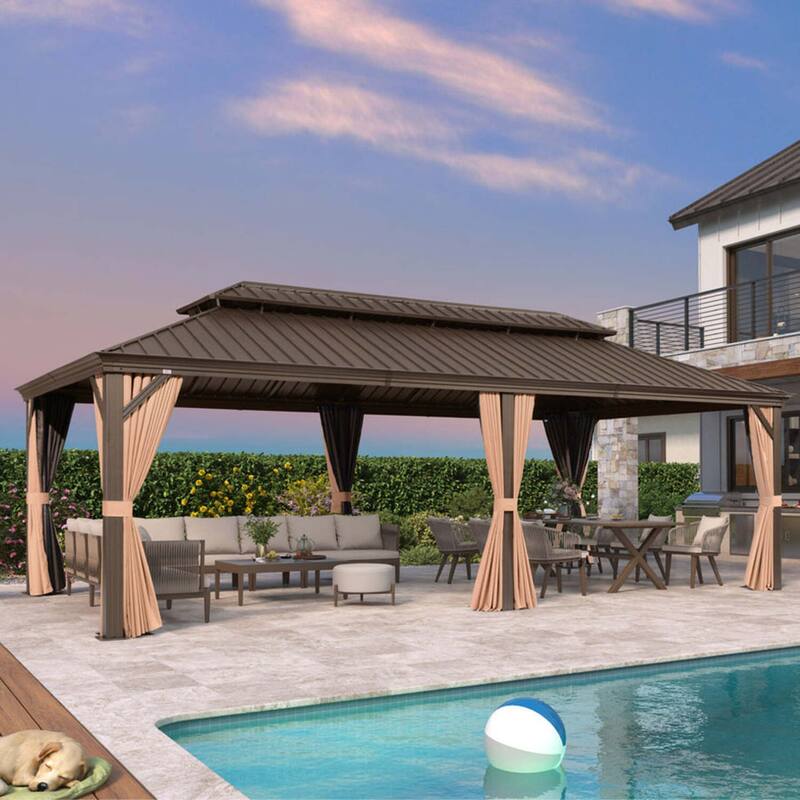 PURPLE LEAF Outdoor Gazebo Aluminum Frame Galvanized Steel Hardtop Gazebo - 12' x 24' (Hot Sale) - Beige