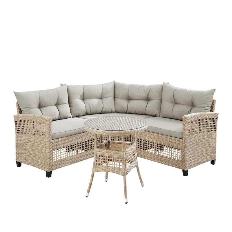 Corvus Fife 4-piece Outdoor Wicker Sectional Set with Round Glass Table - Camel Cushions