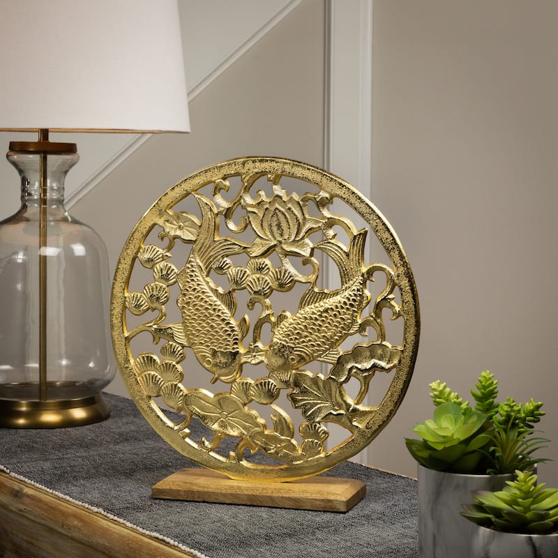 Koi Fish with Lotus Flower Sculpture with Wooden Base - 13.5"