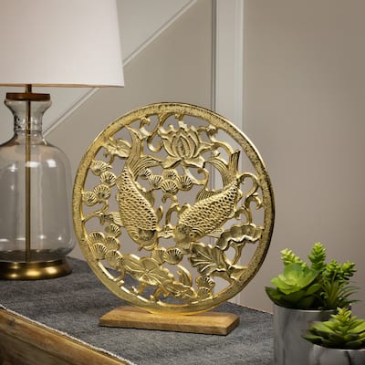 Koi Fish with Lotus Flower Sculpture with Wooden Base - 13.5"