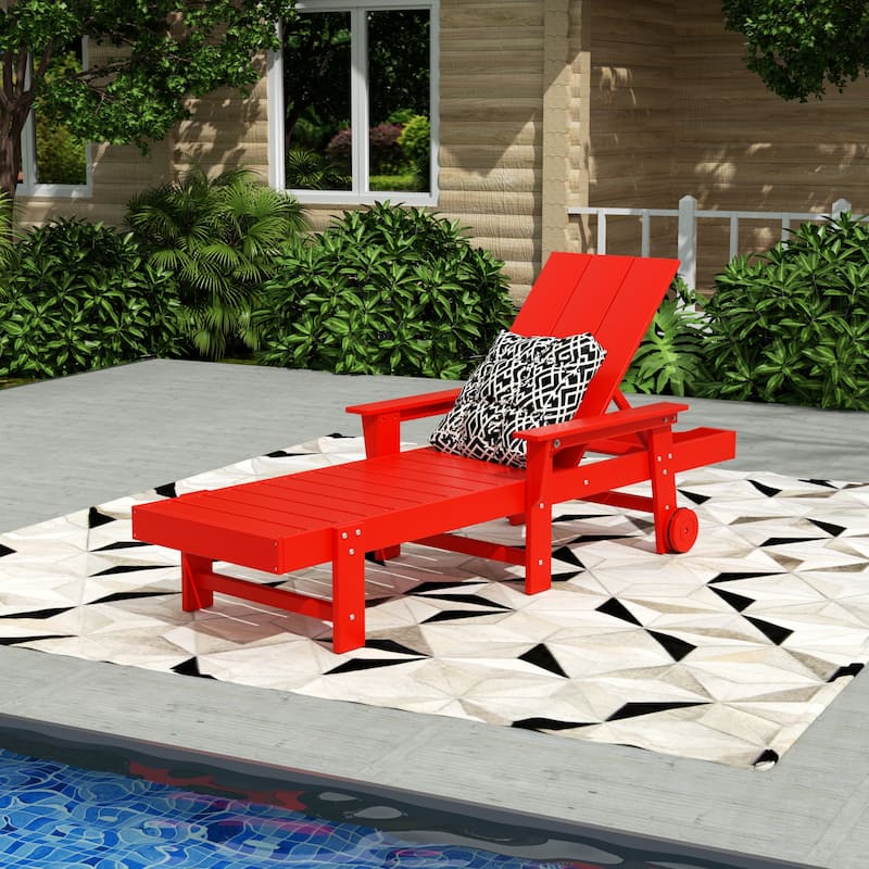 Polytrends Shoreside Modern Poly Reclining Eco-Friendly All Weather Chaise Lounge With Arms & Wheels - Red