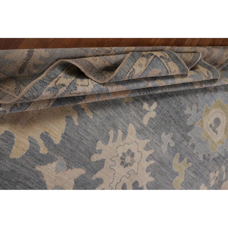 Vegetable Dye Oushak Turkish Area Rug Hand-Knotted Blue Wool Carpet - 9'2"x 11'9"