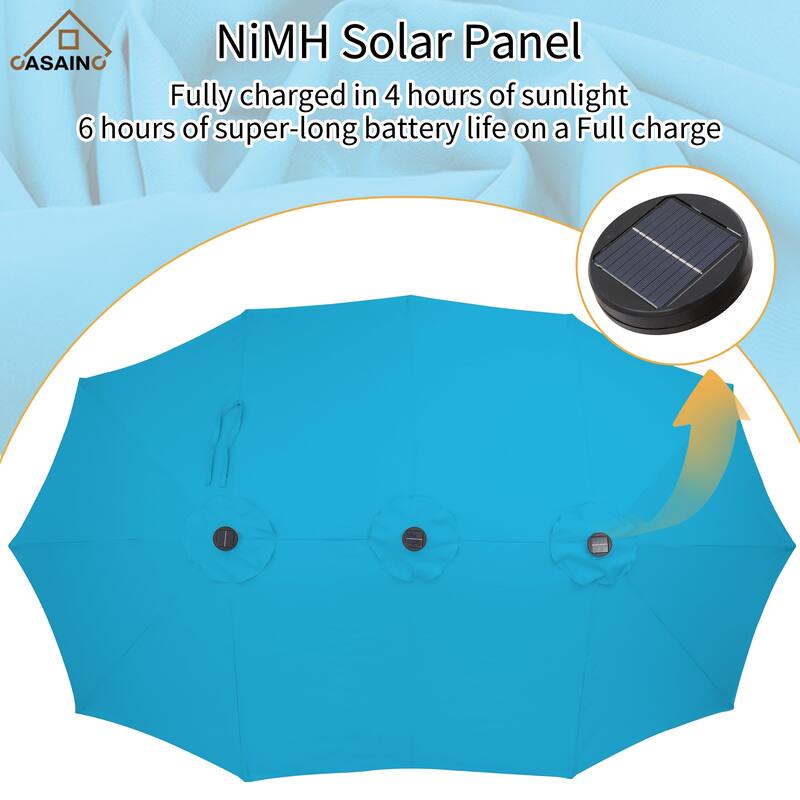 15 ft. Crank Double-sided Solar LED Ultra Lighted Outdoor Market Umbrella with Base Included
