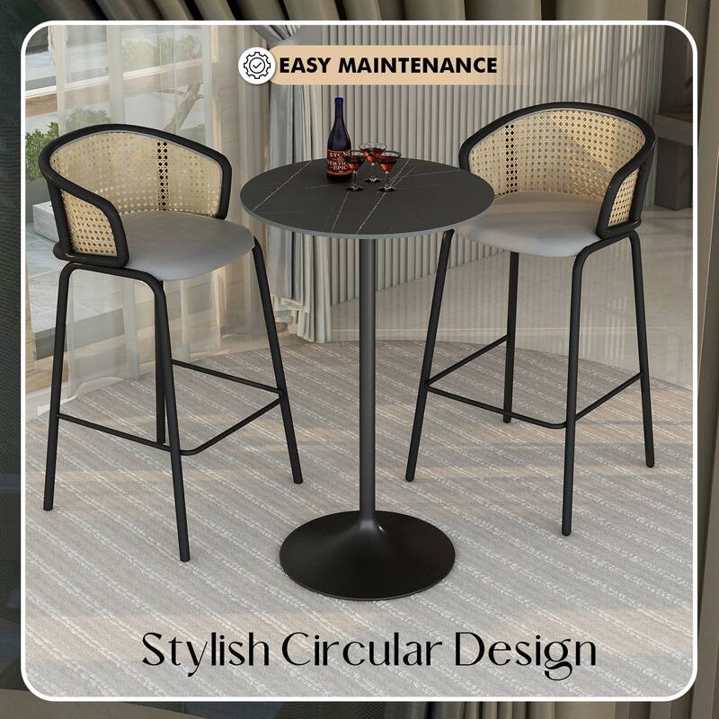 LeisureMod Verve 27" Bar Height Dining Table with Sintered Stone Round Top in Black Pedestal Base
