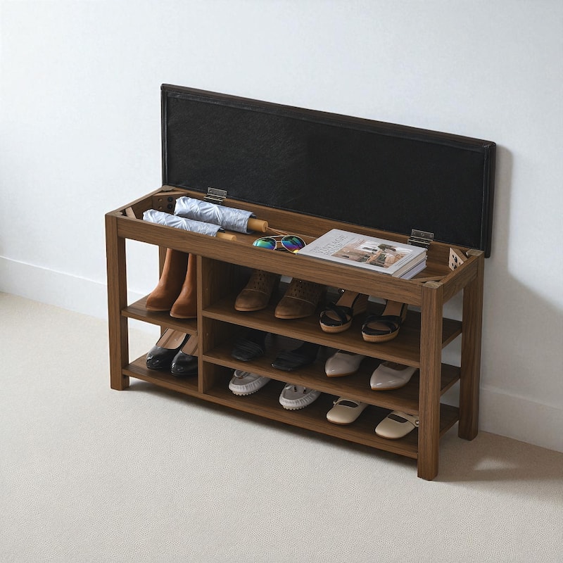 Height-Adjustable Rubberwood Shoe Bench, 39.5" Entryway Bench with Cushion, Concealed Storage & 3-Tier Shoe Rack