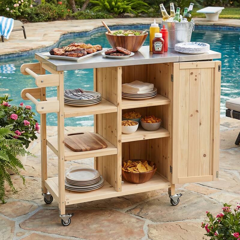 Foldable Outdoor Portable Kitchen Island Cart with Lockable Wheels, Storage Cabinet & Towel Rack