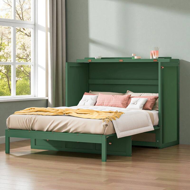 Full Size Murphy Bed with Large Storage Drawers, Space-Saving Foldable Wall Bed with Elegant Front Design