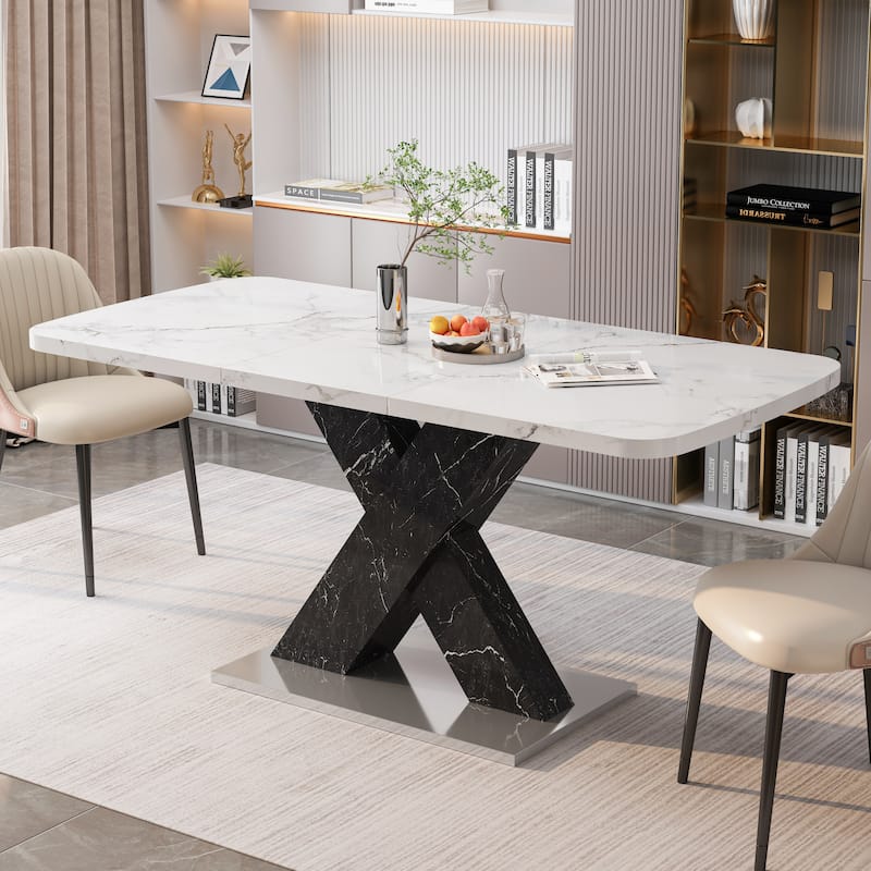 Modern Square Dining Table, Stretchable, with X-Shape Table Leg with Metal Base - White+Black