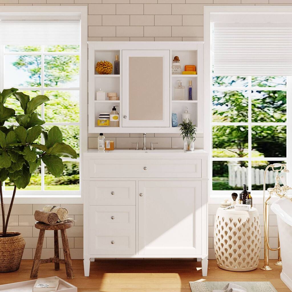 36"Freestanding Bathroom Vanity with Resin Sink and Mirror Cabinet