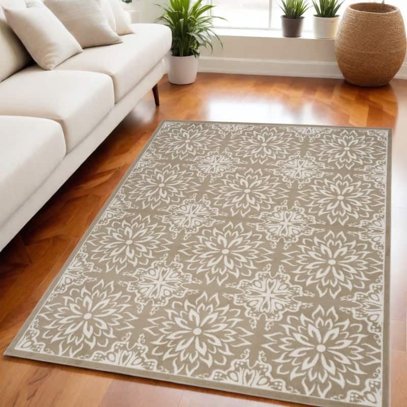 Power Loomed Floral Non Skid Stain Resistant Area Rug - 87' X '63' X '0.5 - 87' X '63' X '0.5 - Taupe - Rectangle