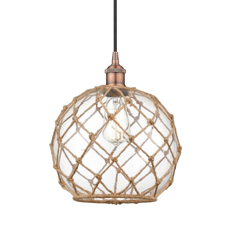 Innovations Lighting 616-1P-13-10 Farmhouse Pendant Farmhouse 10" Wide - Antique Copper / Clear Glass with Brown Rope