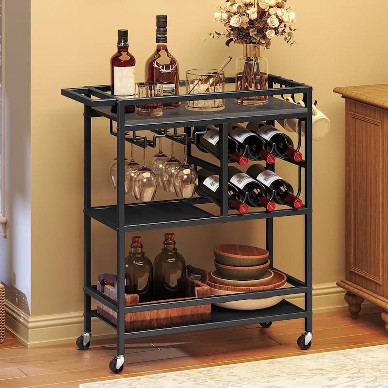 3-Tier Home Bar Serving Cart with Handle, Wine Rack, and Glass Holders