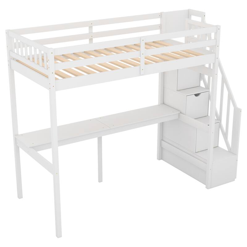 Twin Size Loft Bed with Storage Staircase and Built-in Desk, Space-Saving Design, Solid Wood Frame