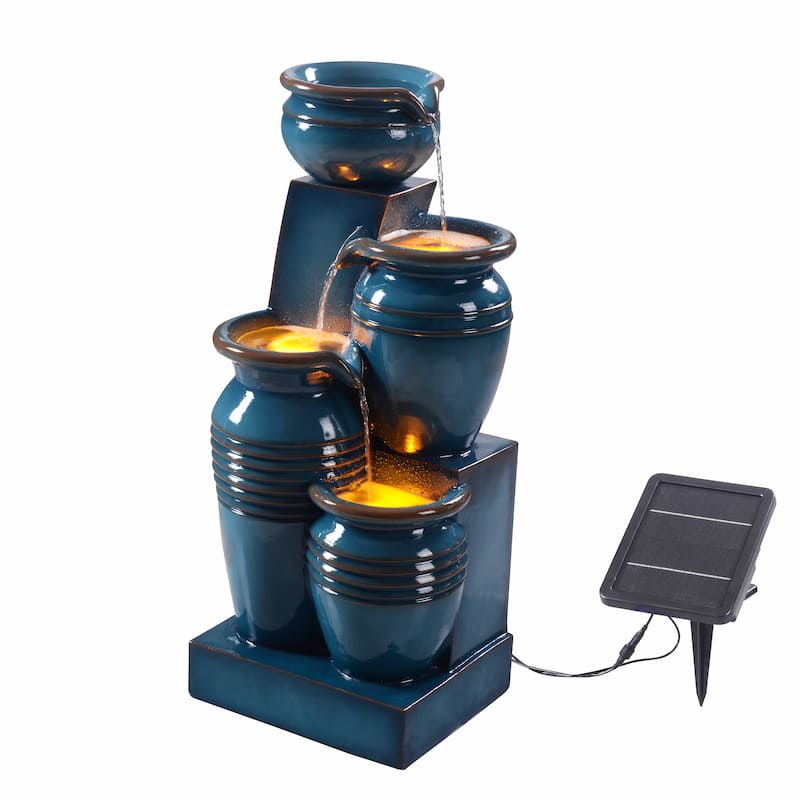 Teamson Home 28.74" 4-Tier Outdoor Fountain with LED Lights, Solar Powered, Weather-Resistant Faux Stone for Garden & Patio - Blue