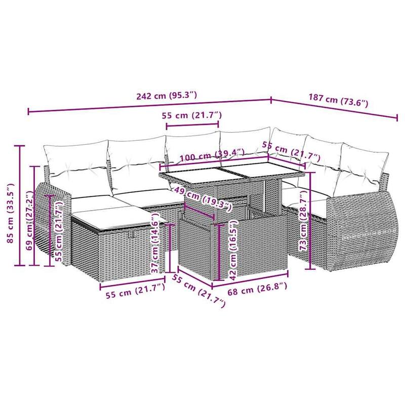 vidaXL Patio Sofa Set with Cushions Sectional Couches 8 Piece Poly Rattan - 24.4 x 24.4 x 27.2