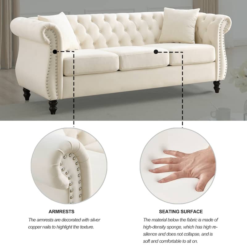 80" Velvet Chesterfield 3-Seater Sofa with Tufted Design, Nailhead Trim, and 2 Pillows